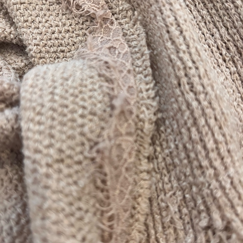 Beige Tan Taupe Long Cardigan Sweater XL Linda Anderson Boho Distressed Lace - Picture 10 of 10